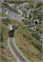 The DFB HG 4/4 704 on the way from Realp to Gletsch, here near Gletsch and the young Rhone.

30.09.2022