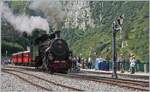 In the high-altitude Gletsch, which is surrounded by tall mountains, the  new  locomotive of the DFB, the HG 4/4 No. 704, built in 1923 by SLM and delivered to Vietnam, transferred to Switzerland by the DFB in 1990, and put back into operation in autumn 2018 after many hours of work. August 31, 2019