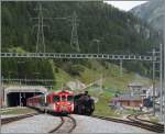 100 years Brig Gletsch: MGB local train and a old steamer in Oberwald.
16. 08.2014