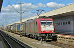 On 14 September 2011 CrossRail 185 593 hauls an intermodal service through Basel Badischer Bahnhof toward Brig.