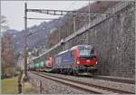 La 193 080, noleggiata da SBB Cargo, è vista vicino a Veytaux-Chillon con un treno merci diretto verso il Vallese.