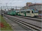A BAM local Service is leaving Morges on the way to Biere, in the background stand the Ge 4/4 21 and 22.