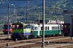 BLS 245 022 shunts an old electric railcar into the BLS works at Spiez on 13 September 2011.