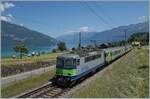 The BLS Re 4/4 II 504 with his RE from Zweisimmen to Interlaken by Faulensee.