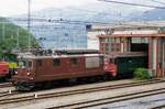 On 6 June 2009 BLS 191 shunts passenger stock at the depot in Spiez.