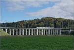 El viaducto Saane de 399 metros de longitud cerca de Gümmenen en la línea Berna - Neuchâtel, situado en un paisaje ligeramente ondulado justo al norte de Laupen, es difícil de pasar por alto debido a su tamaño, en marcado contraste con los dos trenes BLS NINA RABe 525 que actualmente cruzan el viaducto ahora de doble vía.

5 de octubre de 2024
