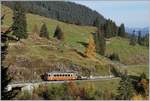 A BLM local train between Grütschalp and Winteregg by the Staubbach-Bridge.