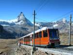 The GGB train will arrived at the Terminus Station Gronergrat in a few time; in the background: the Matterhorn.