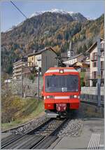 The TMR BDeh 4/8 21 (UIC 90 85 838 0872-4 CH-TMRSA) as local train service is on the way from Vallorcine to Vernayaz and is arriving at the Finhaut Station.