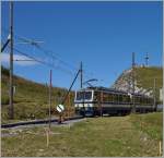 The Rochers de Naye Beh 4/8 301 is leaving the sumit Station.
