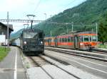 In the Montbovon Station is waiting the connection service to Gruyere  Bulle - Palzieux the MOB service from Montreux to Zweisimmen.