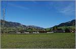 The MOB GDe 4/4  Interlaken  with a MOB Panoramic Express between Gstaad and Saanen.