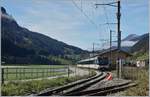 The MOB Ge 4/4 8001 wiht a Panoramic Express is arriving at Saanen.