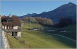 The MOB local service 2214 from Montreux to Zweisimmen is diving in the shadow glen by Les Sciernes.