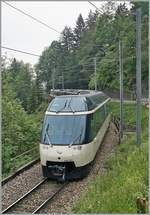 The MOB Ast 151 on the end of the MOB Panoramic Express on the way to Montreux by the Bois des Chenaux Bridge near Les Avants.