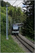 The MOB Belle Epoque Service on the way to Zweisimmen on the Bois des Chenaux Bridge near Les Avants. 17.05.2020.