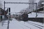 The MOB GDe 4/4 6002 with a Service from Montreux to Zweisimmen by his stop in Les Avants.