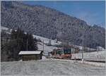 A MOB Lenkerpendel Be 4/4 on the way to Zweisimmen by Blankenburg.