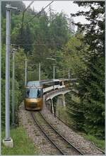 The MOB GDe 4/4 6006 with his GoldenPass service on the way from Montreux to Zweisimmen between Sendy-Sollard and Les Avants.