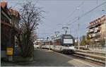 The MOB Alpina ABe 4/4 9304 with his Panoramic Services to Montreux is leaving the Chernex Station.