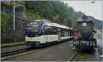 While the SEG G 2x 2/2 105 of the Blonay Chamby Railway pushes our train to Chaulin, the CEV MVR ABeh 2/6 7503  Blonay Chamby  leaves the Chamby station as the R34 towards Les Avants on the MOB track.