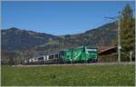 The MOB Ge 4/4 8004 is between Gstaad and Saanen with the MOB/BLS GoldenPass Express 4069 en route from Interlaken Ost to Montreux, with the narrow-gauge locomotive taking over the train at the Zweisimmen gauge conversion station. 
October 13, 2025 The MOB Ge 4/4 8004 is between Gstaad and Saanen with the MOB/BLS GoldenPass Express 4069 en route from Interlaken Ost to Montreux, with the narrow-gauge locomotive taking over the train at the Zweisimmen gauge conversion station. 
October 13, 2025