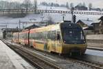 MOB 244/344 (the cab coaches have different numbers) enters Zweisimmen on 31 December 2025 with a regional train from Gstaad.