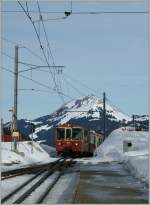 On the summit Les Pleiades is arriving the CEV local Train 1385. In the background the Moleson.
31.01.2013