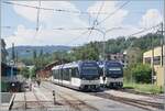The CEV MVR ABeh 2/6 7507 is traveling from Vevey to Les Pleiades and has arrived in Blonay. Next to it stands the ABeh 2/6 7503, which is waiting for its next deployment soon.  
The photo was taken from the platform of the ready-to-depart Blonay Cha ...