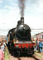 Steam locomotive Eb 3/5 9 from Bodensse-Toggenburg-Bahn on 10.5.1997 in St.Gallen at the official exhibition for 150 Jears Railways of Switzerland.