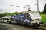 The darker side of SOB/BT 456 091 at Biberbrugg on 22 May 2002. The differences between 446 and 456 are the one pantograph for 456 (two for 446) and the smooth sides of the 456.