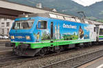 SOB 456 091 advertises on 6 June 2015 at Arth-Goldau for her own train, the VorAlpenExpress.