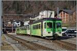 An ASD/TPC regional train, consisting of the ASD BDe 4/4 402 a Bt and another BDe 4/4 at the head of the train, is traveling from Les Diablerets to Aigle and reaches the small Le Sépey terminus
