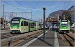 In Aigle, the TPC narrow-gauge railcars Beh 2/6 5463 and ABe 4/8 471 are waiting to depart for Troistorrens and Les Diablerets respectively.