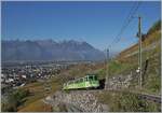 The gaze glides far into the flat Rhone valley while on the route to Leysin a regional train gains altitude on the steep rack railway section.