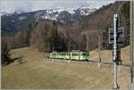 Two TPC ASD BDe 4/4 units are traveling with an intermediate car (control car) between Le Sepey and Les Planche.
