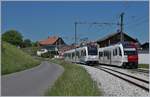 A TPF local trains to Bulle and to Palézieux in the Vaulruz Sud Station.