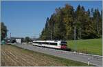 The TPF RABe 560 269-3 (94 85 7 560 269-3 CH-SBB) traveling from Bulle to Broc Fabrique as Regio Express RE 4046.