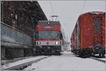 The ex CEV Be 2/6 7004  Montreux,  now as Be 125 013 with Zentralbahn, waits at Innertkirchen in heavy snowfall for departure to Meiringen.