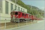Two RhB ABe 4/4 wiht a local train to Tirano are leaving Poschiavo.

Sept 1993