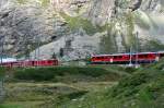 Crossing trains at station Lagalp: left Gem 4/4 no 802 and ABe 4/4 no 45; right ABe 4/4 no 55 and 56, August 27th, 2009.