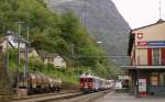 The Bernina Express is arriving at Campocologno.