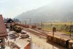 Rhaetian Railway/Furka Oberalp station Disentis in the early morning sun, August 1987 (FO now MGB)