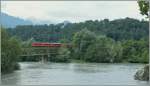 A RhB Ge 4/4 II on the Rhein Bridge by Reichenau.