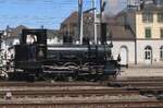 Side view on DBB Lok-3 LANGNAU on 23 May 2026 at brugg AG. She is about to bank a steam shuttle fromte station to the nearby works of SBB Historic, where Verein Mikado 1244 share the site.