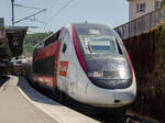 The TGV LYRIA 9774 from Gen�ve Cornavin to Paris Gare de Lyon with the 'Rame' 4718 is leaving the Bellegarde sur Valserine TGV railway station.
09.07.2026