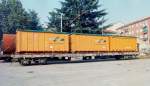 SBB-CFF Flat Wagon Slps-x used for hauling Roll-off Containers (ACTS Containers) in Milano, October 1994