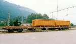SBB-CFF Flat Wagon Slps-x used for hauling Roll-off Containers (ACTS Containers), near station Interlaken-Ost (CH), August 1998