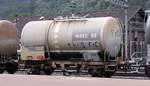 2-axle Tank Wagon Wascosa in a unit train made of A-VTG / CH-Mitrag / CH-Wascosa Funnel Flow Tank Wagons, on 17th August 2010 in station Erstfeld (CH)