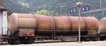 Wascosa Tank Wagon in a unit train made of A-VTG / CH-Mitrag / CH-Wascosa Funnel Flow Tank Wagons, on 17th August 2010 in station Erstfeld (CH)